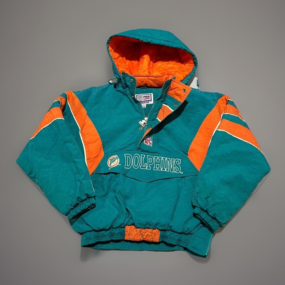 Vintage Starter Pro Line Mens Teal Miami Dolphins NFL Hooded Pullover Jacket S